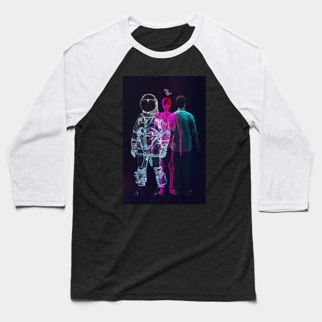 Temporal Synergy: Skeleton, Man, and Spacefarer Baseball T-Shirt by SeamlessOo